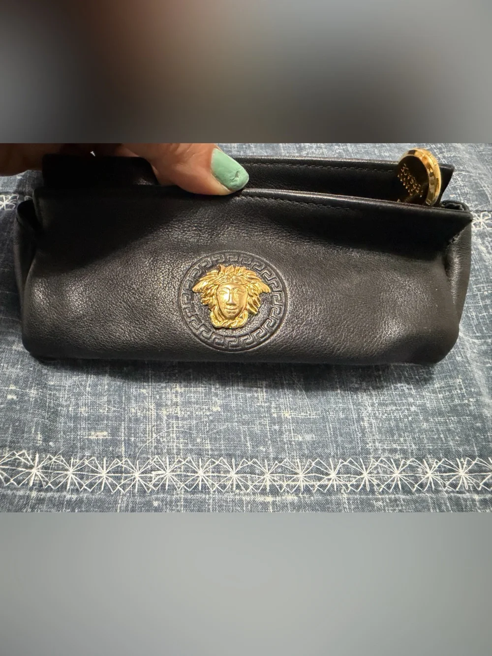Versace Black Leather Cosmetic Pouch with Gold Medallion